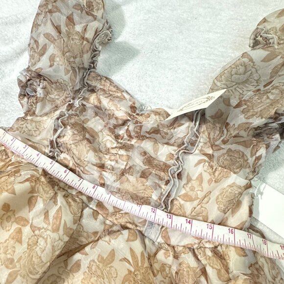 Joyfolie perla dress in neutral Floral Puff Sleeve Mini Beige & Brown Size Large - Picture 10 of 15